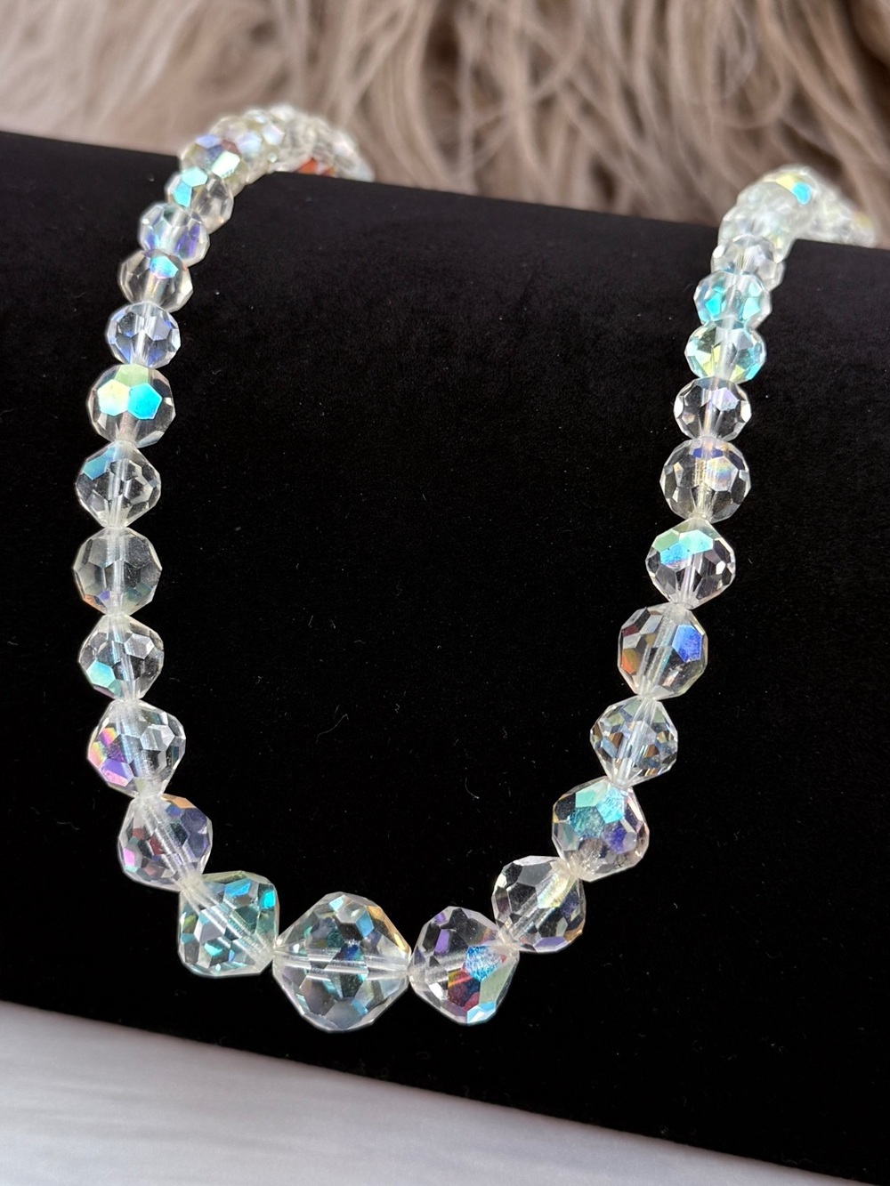 Vintage Iridescent Faceted Clear Bead Statement Necklace Silver Tone Clasp
